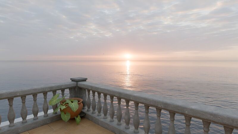 The Terrace: a stone balustrade above a calm sea, the sun low on the horizon.